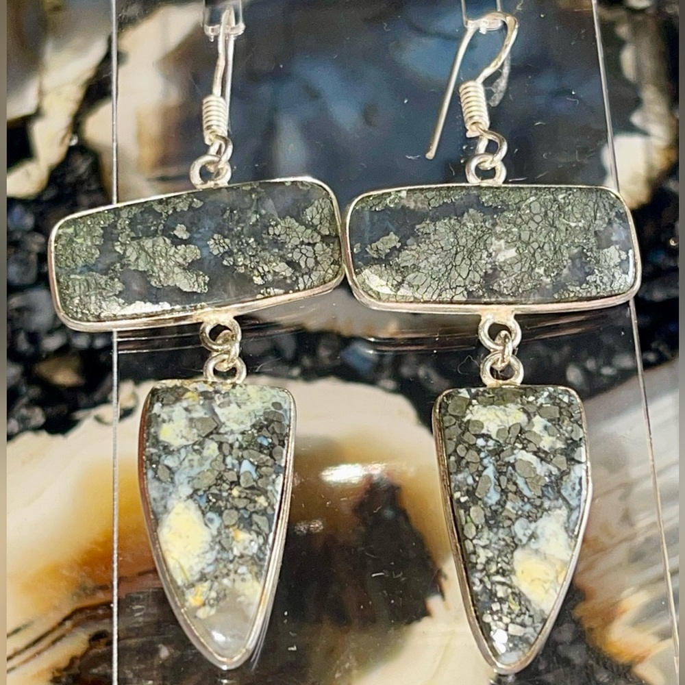 Granulated Pyrite Fools Gold Crystal Earrings 2 1/2”